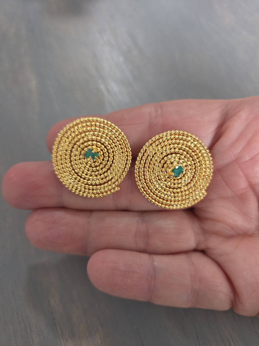 Gold Spiral Button Earrings with Green Accent